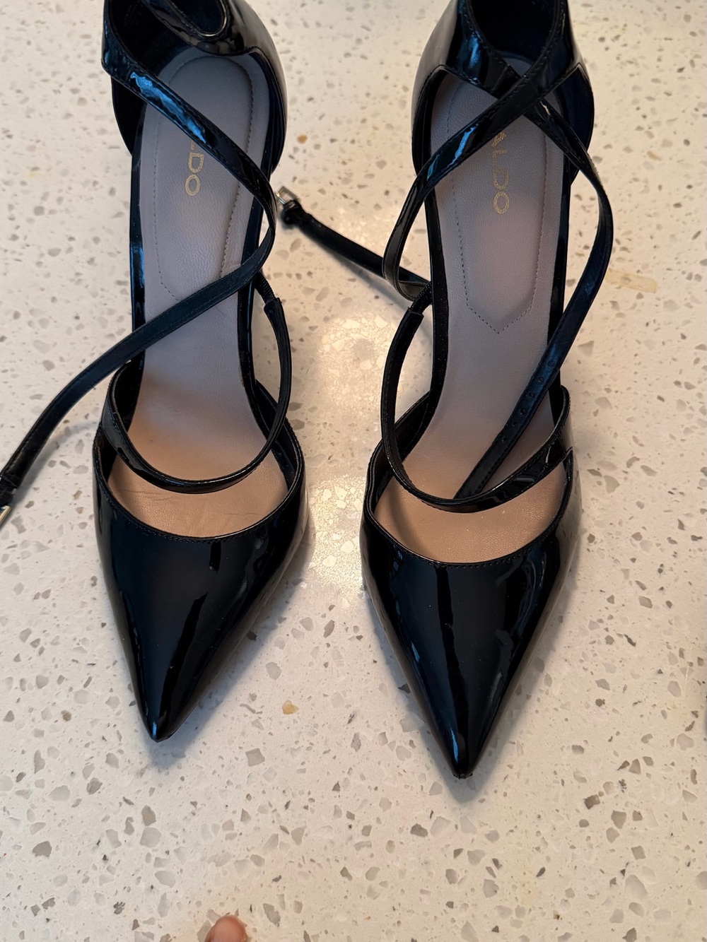 Aldo Black Patent Pointed Toe Strappy Stiletto Heels